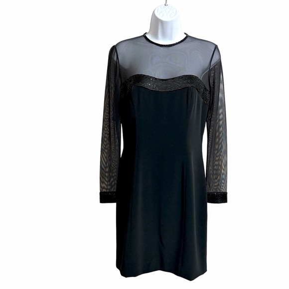 Oleg Cassini Dresses & Skirts - Black Tie Oleg Cassini VTG Beaded Cocktail Sheath Mini Dress Black 6 Sheer Mesh